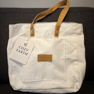 Cozy Earth Tote Bag Bag White Zipper Leather Handles Front Pocket